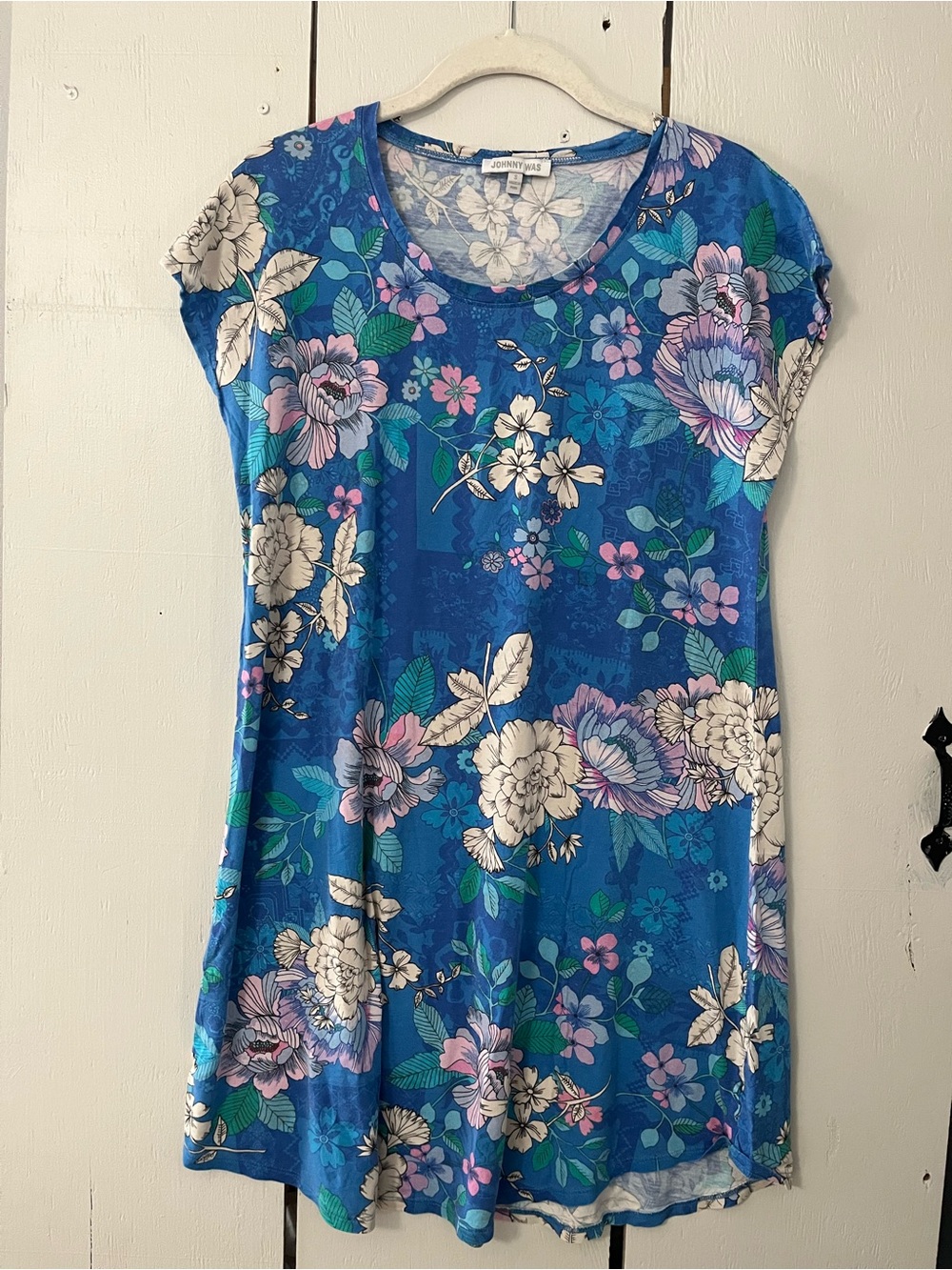Johnny Was Tura Cap Sleeve Dress Blue Floral Short Sleeve Top Small